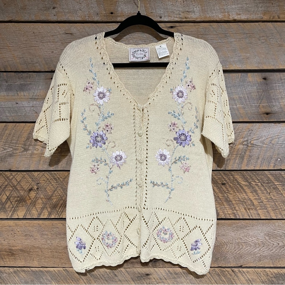 Vtg 80s 90s Erika Embroidered Knit Cardigan Sweater Womens Size L Floral Cottage